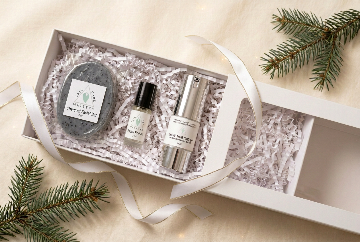 Facial gift set with white satin ribbon edged in gold thread