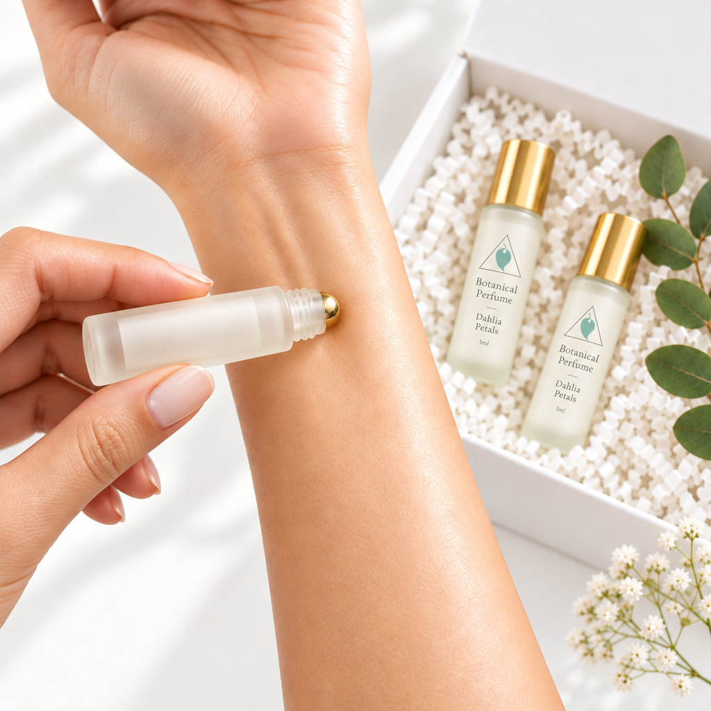 Perfume Sampler Flight One – application lifestyle shot, mint leaf logo