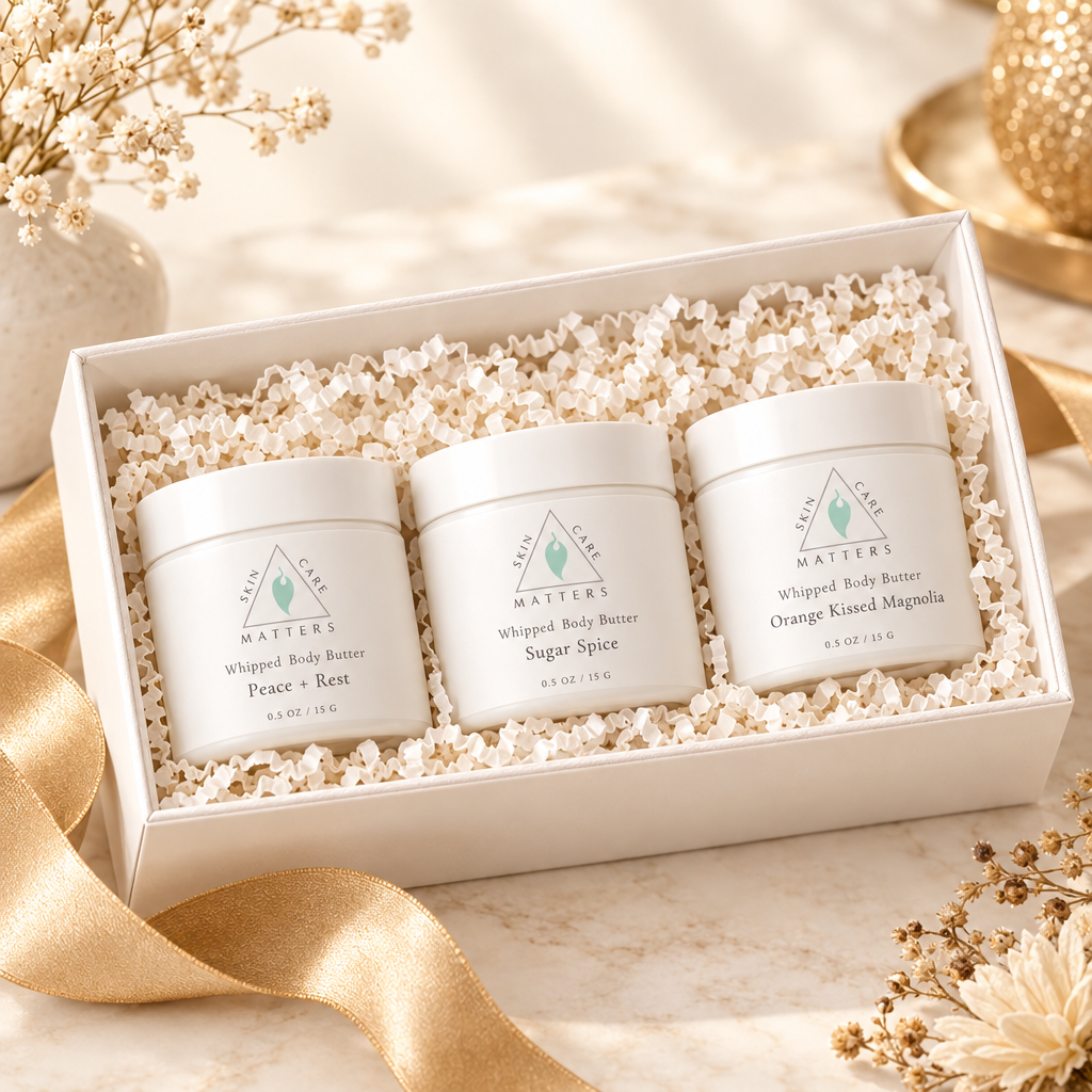 Whipped Body Butter Flight – three half-ounce jars in white gift box with gold ribbon