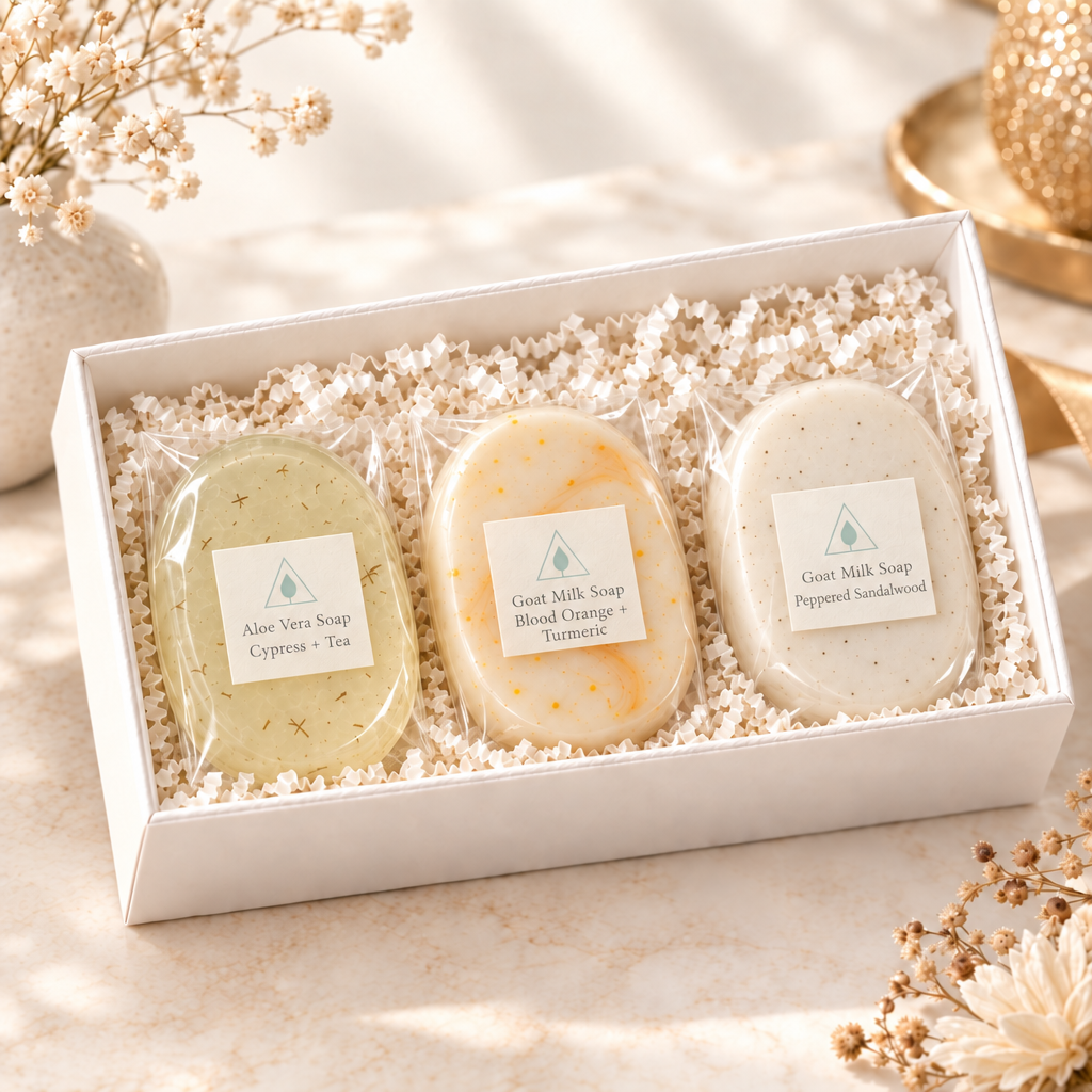 Three individually wrapped oval soaps in a white gift box with labeled scents Cypress + Tea, Blood Orange + Turmeric, and Peppered Sandalwood