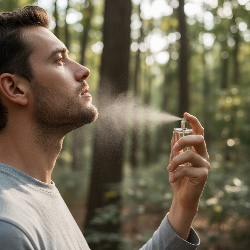 Man Applying Cologne to Neck - Outdoor