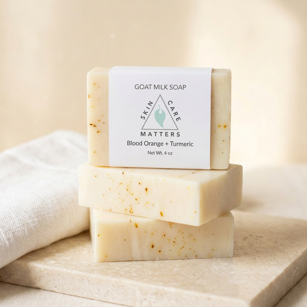 Soap photo with refreshed triangle label and scent name below