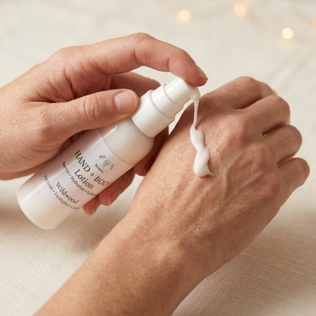Wildwood lotion dispensing onto skin in a close-up lifestyle scene