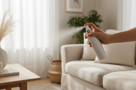 Woman misting home with spray bottle